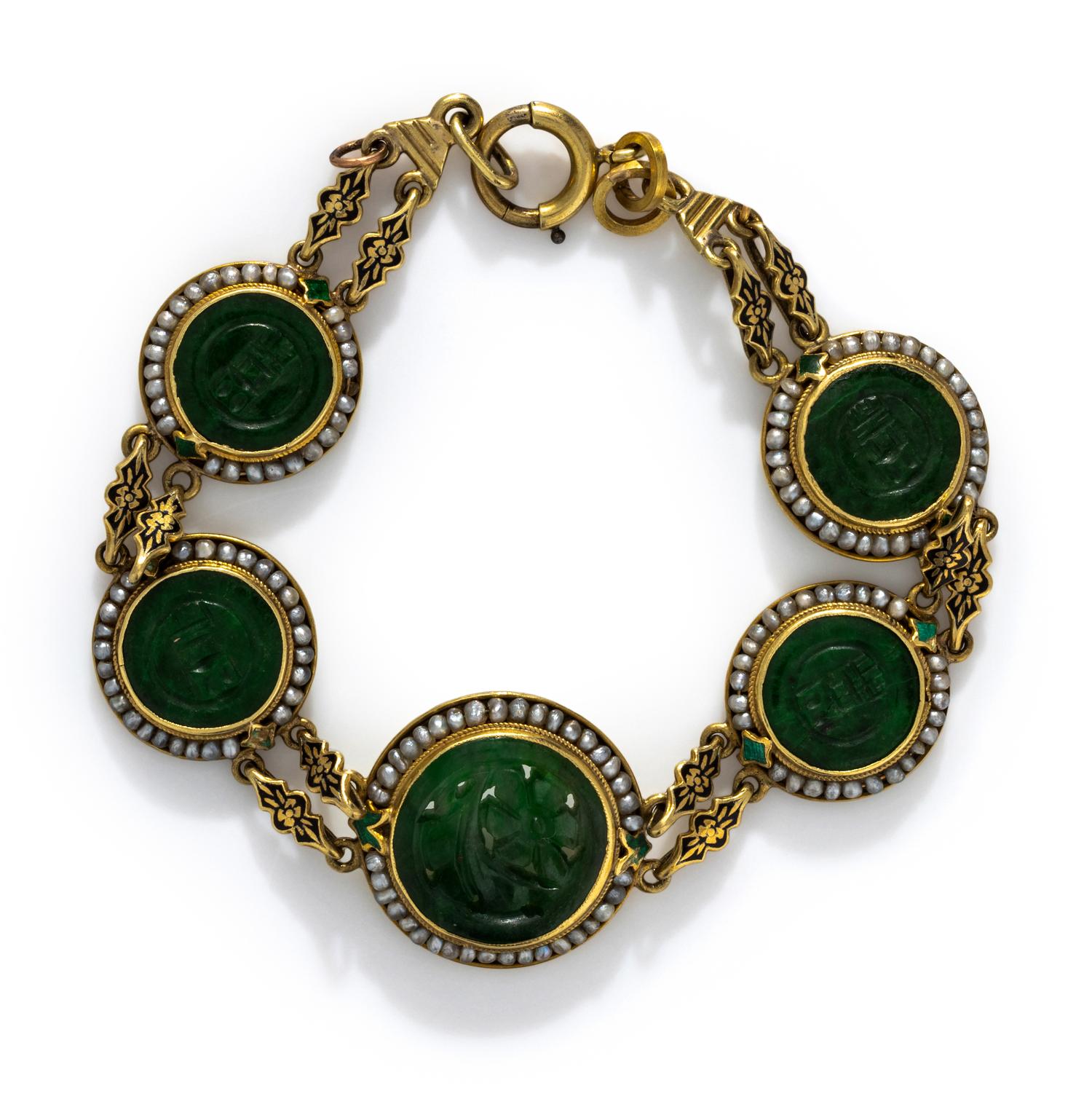 ANTIQUE, JADE, SEED PEARL AND ENAMEL BRACELET