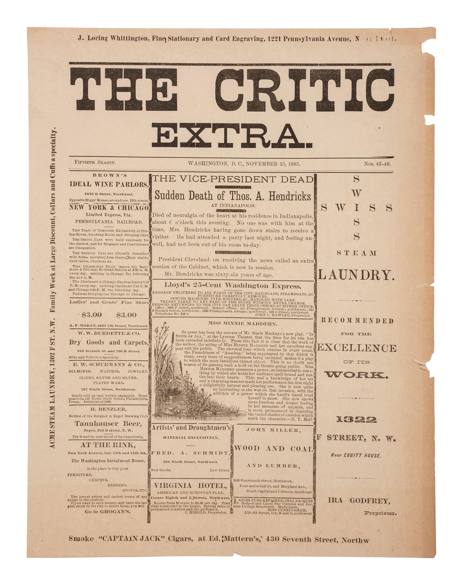 [POLITICS] VP Thomas A. Hendricks' death announced in The Critic EXTRA . Washington, DC: 24 Nov 1885.