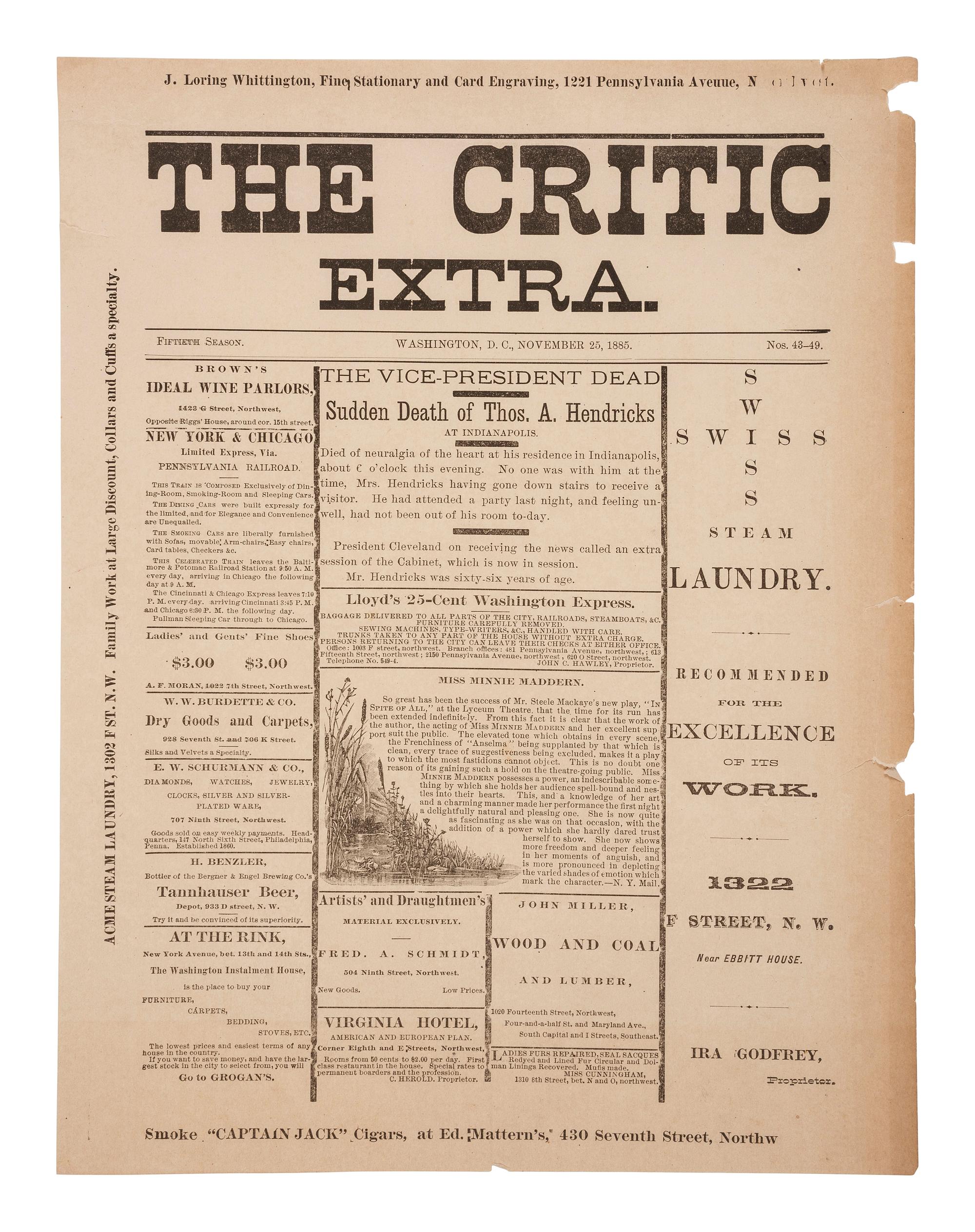 [POLITICS] VP Thomas A. Hendricks' death announced in The Critic EXTRA . Washington, DC: 24 Nov 1885.