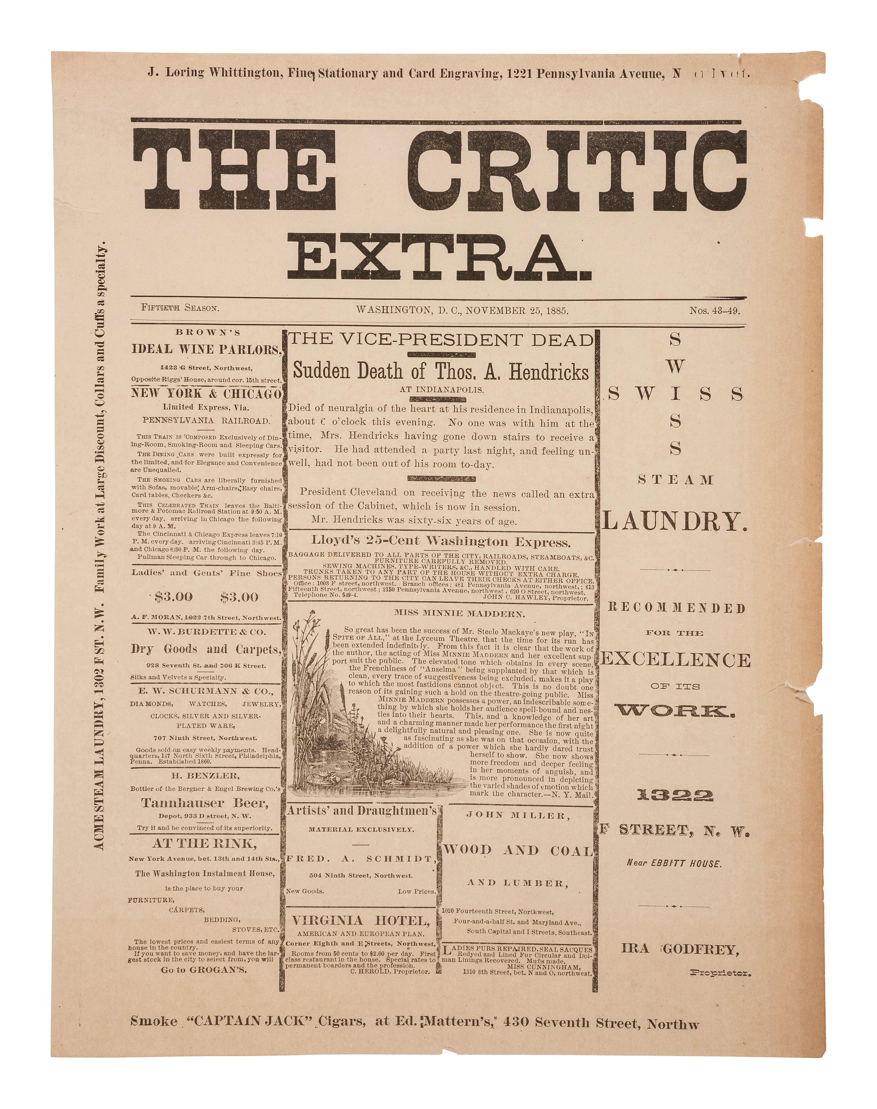 [POLITICS] VP Thomas A. Hendricks' death announced in The Critic EXTRA . Washington, DC: 24 Nov 1885.