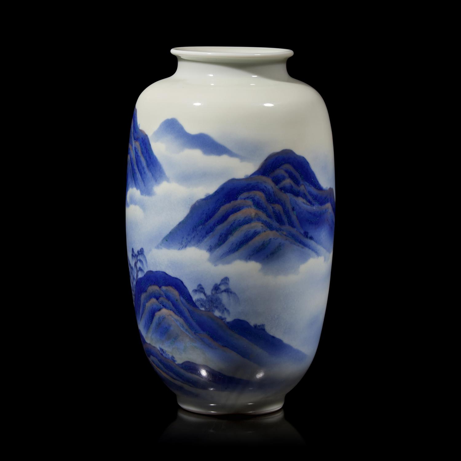 A Japanese enameled Blue and White Ovoid 'Landscape' Vase, Signed Makuzu Kozan Saku