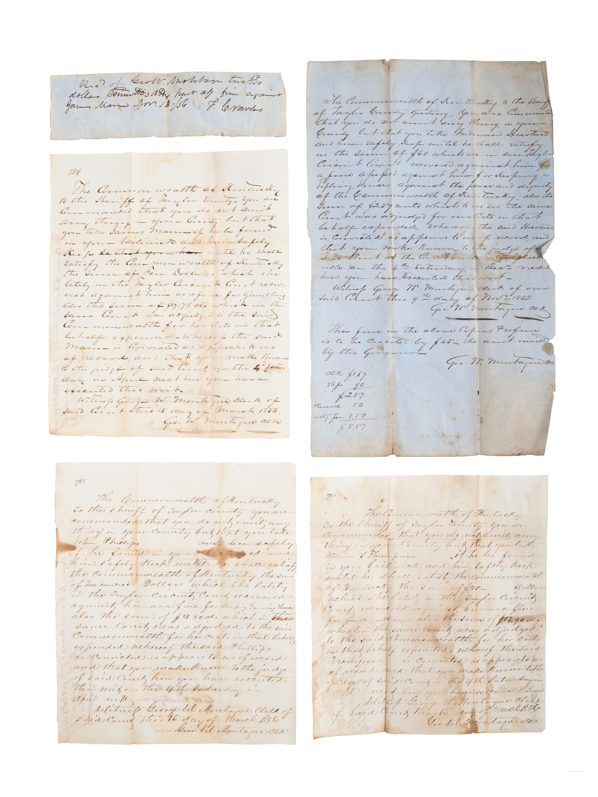 [SLAVERY & ABOLITION]. A group of court documents from Kentucky highlighted by a writ of execution against William I. Thompson for "gambling with [a] negro." Taylor County, Kentucky. 15 March 1856.