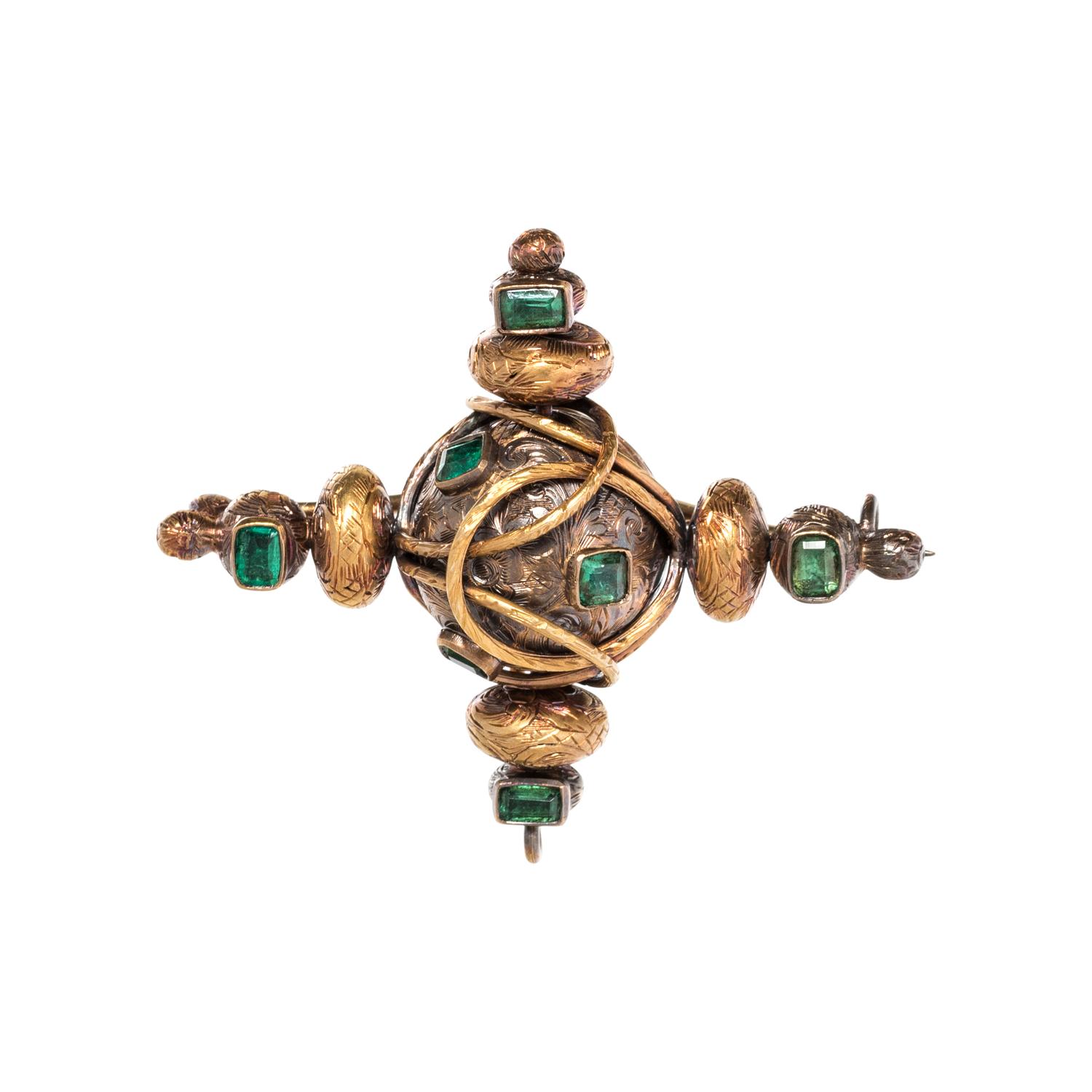 ANTIQUE, SILVER, YELLOW GOLD AND EMERALD BROOCH