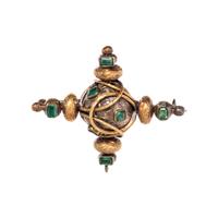 ANTIQUE, SILVER, YELLOW GOLD AND EMERALD BROOCH