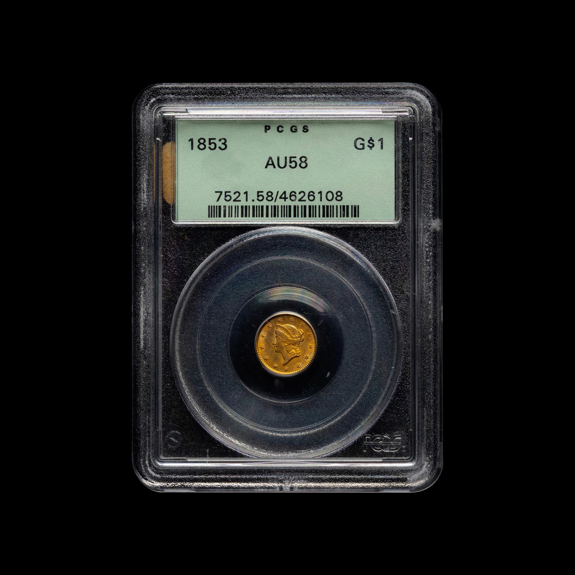 An 1853 Liberty Head $1 Gold Coin (PCGS AU58)