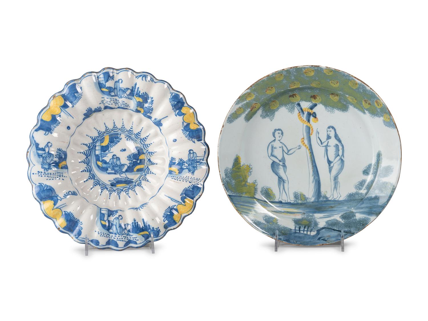 Two Glazed Earthenware Chargers with Polychrome Figural Decorations