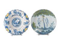 Two Glazed Earthenware Chargers with Polychrome Figural Decorations