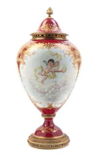 A Sevres Style Porcelain and Gilt Metal Mounted Urn, Height 23 inches.