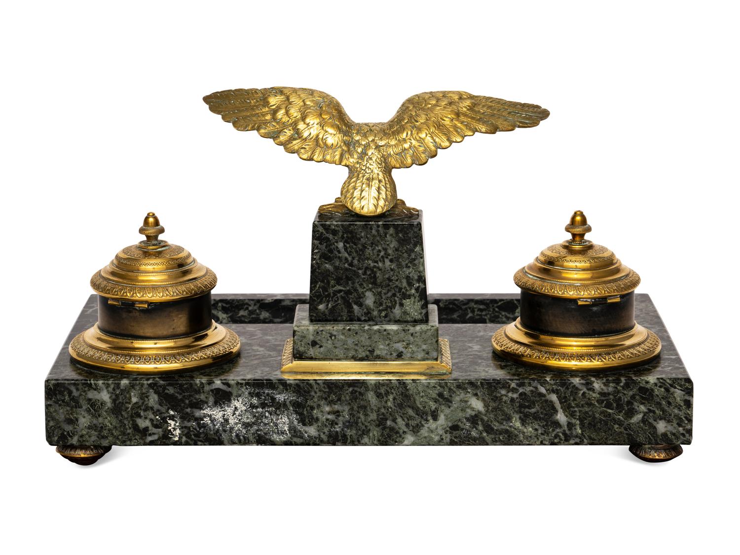 An Empire Style Gilt Metal and Marble Encrier
