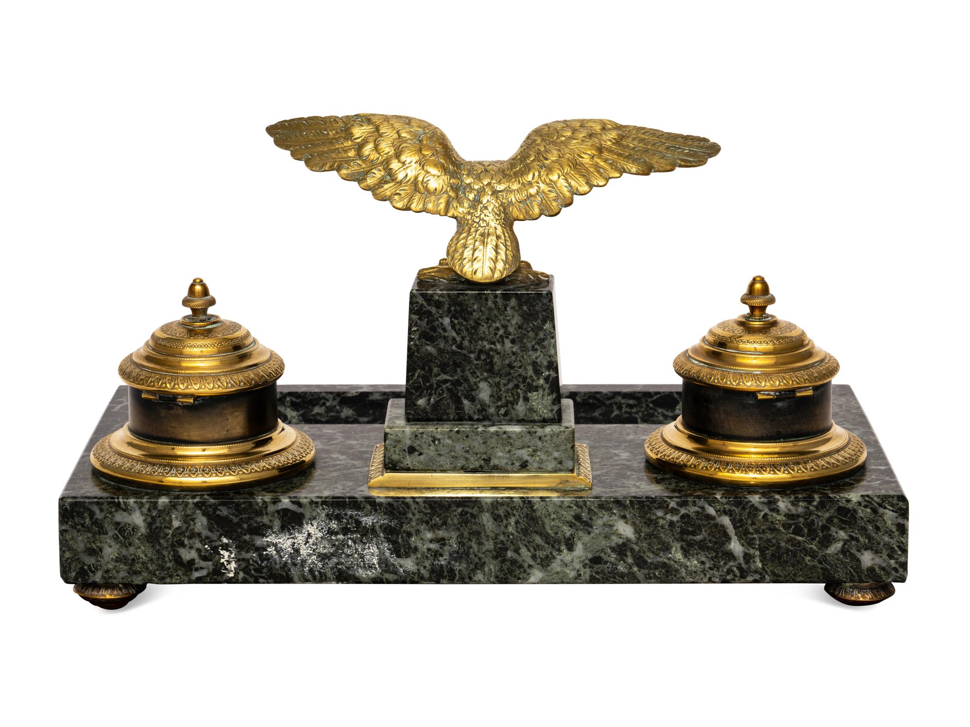 An Empire Style Gilt Metal and Marble Encrier