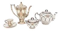 An Assembled Lenox Porcelain Silver Overlay Tea Service Height of first 8 1/2 inches.