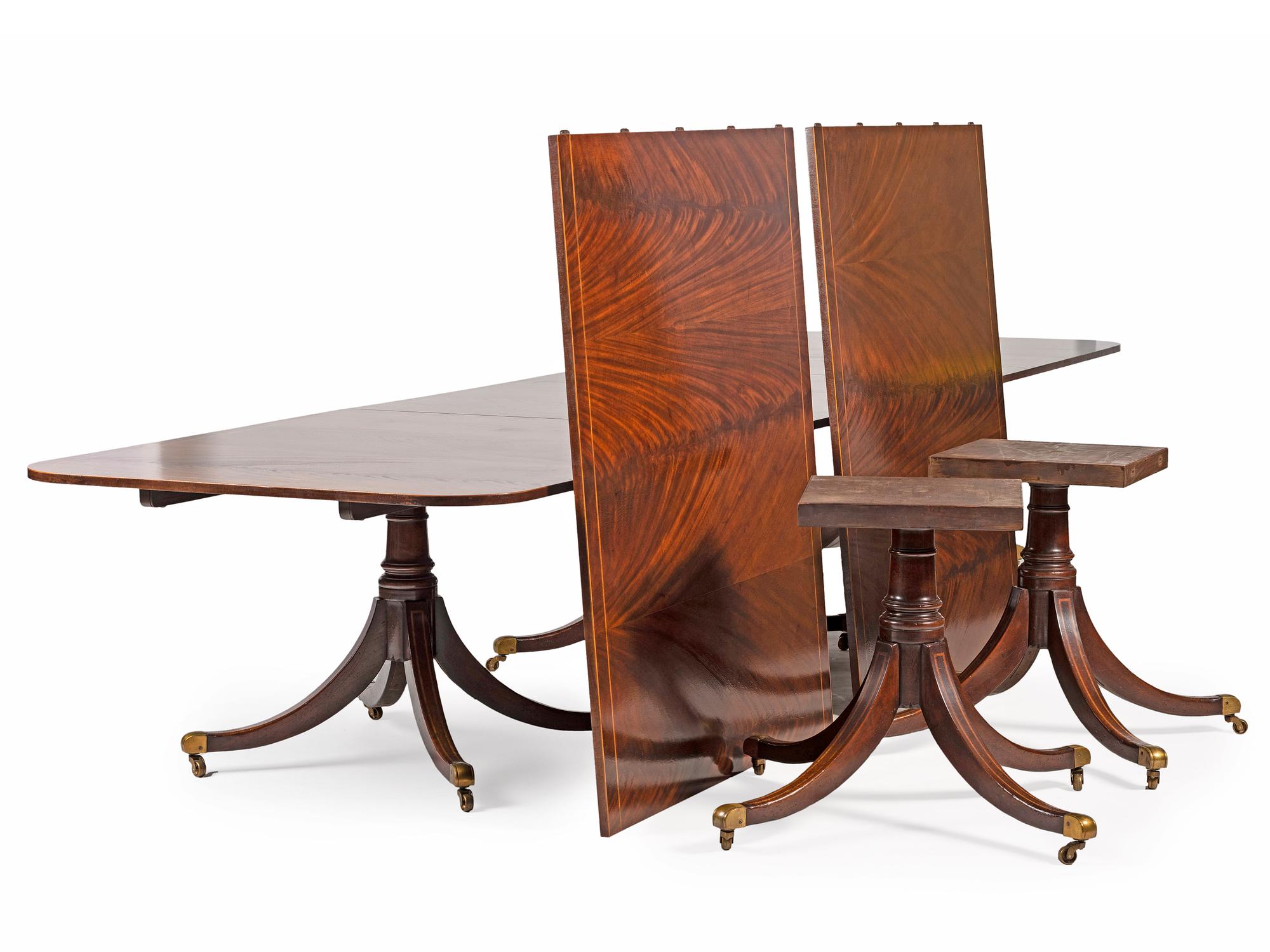 A George III Style Five-Pedestal Inlaid Mahogany Dining Room Table