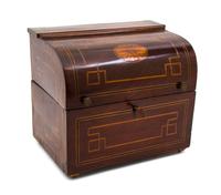 A Dutch Mahogany Inlaid Decanter Set, Height of case 9 1/4 x width 11 3/4 x depth 7 1/2 inches.