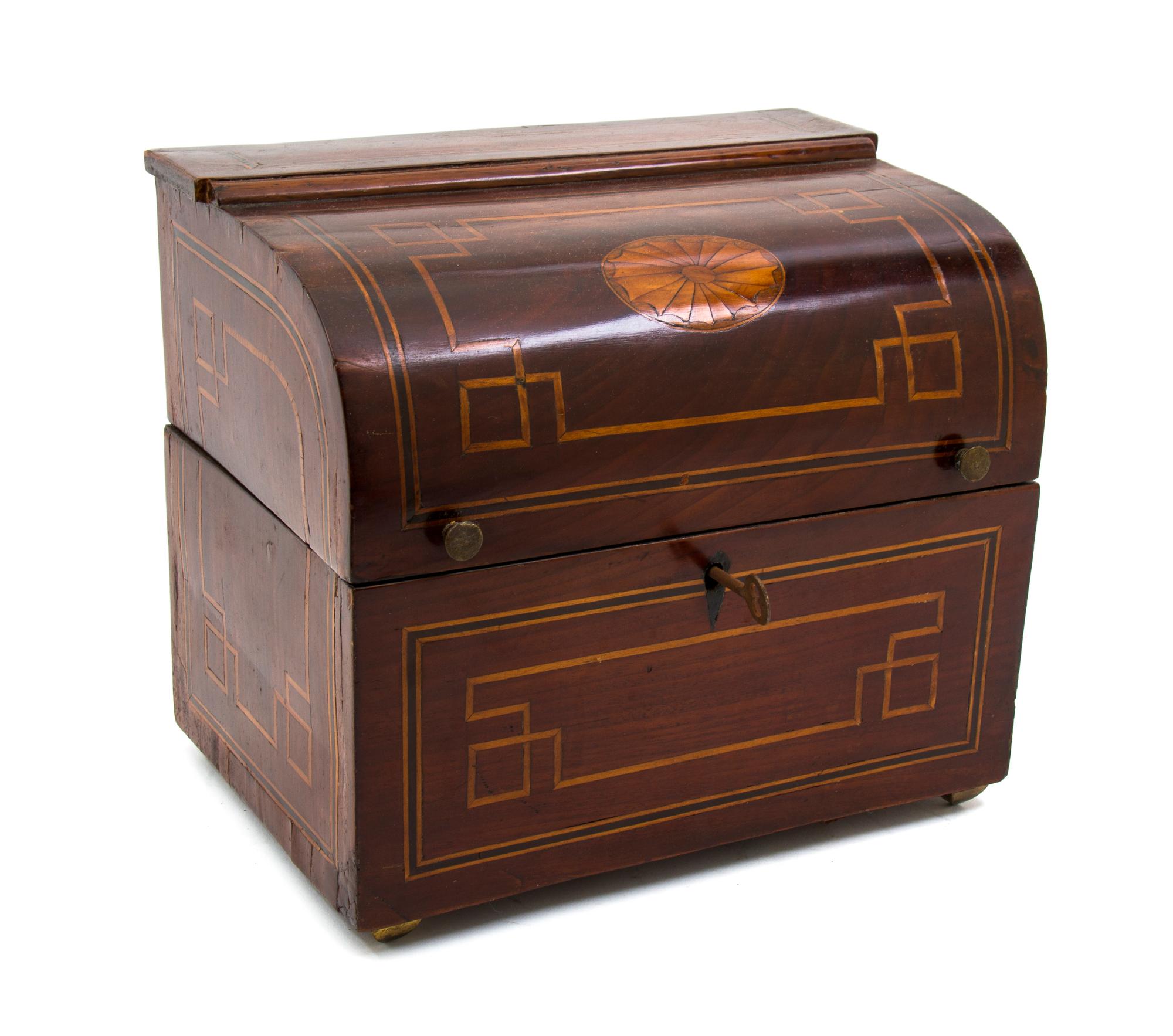 A Dutch Mahogany Inlaid Decanter Set, Height of case 9 1/4 x width 11 3/4 x depth 7 1/2 inches.