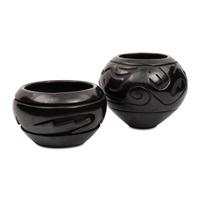 Carved Blackware Jars, one with Avanyu