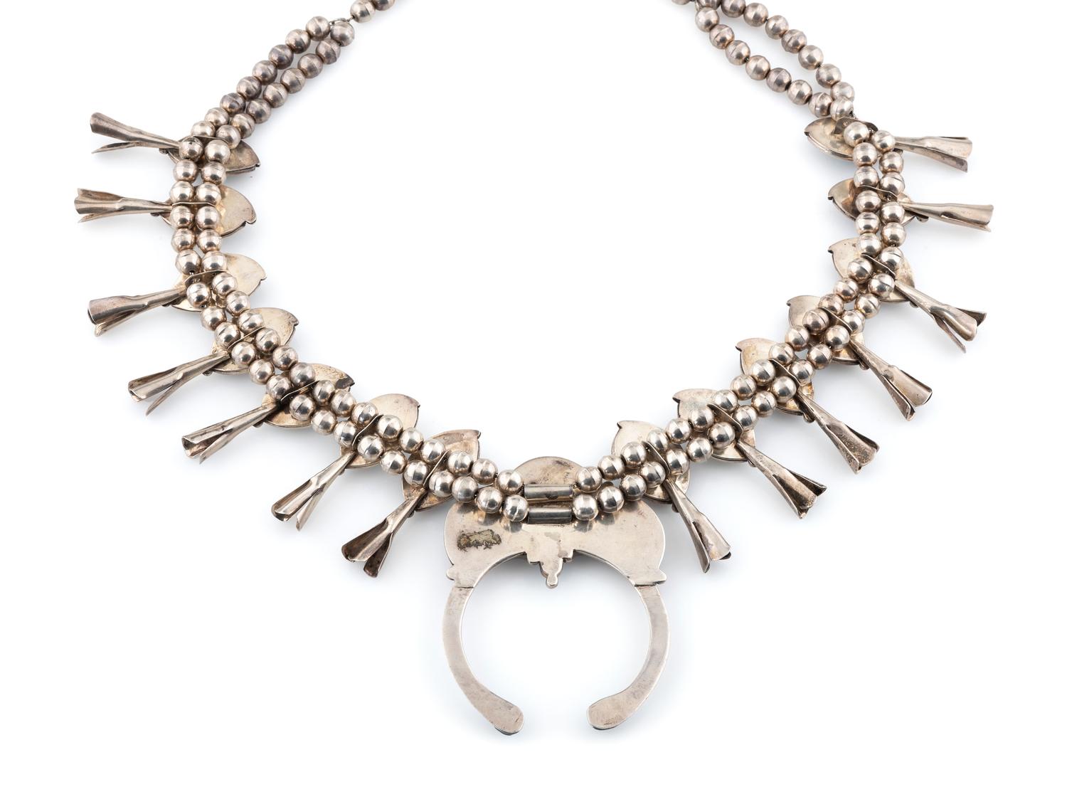 Navajo Silver and Turquoise Squash Blossom Necklace