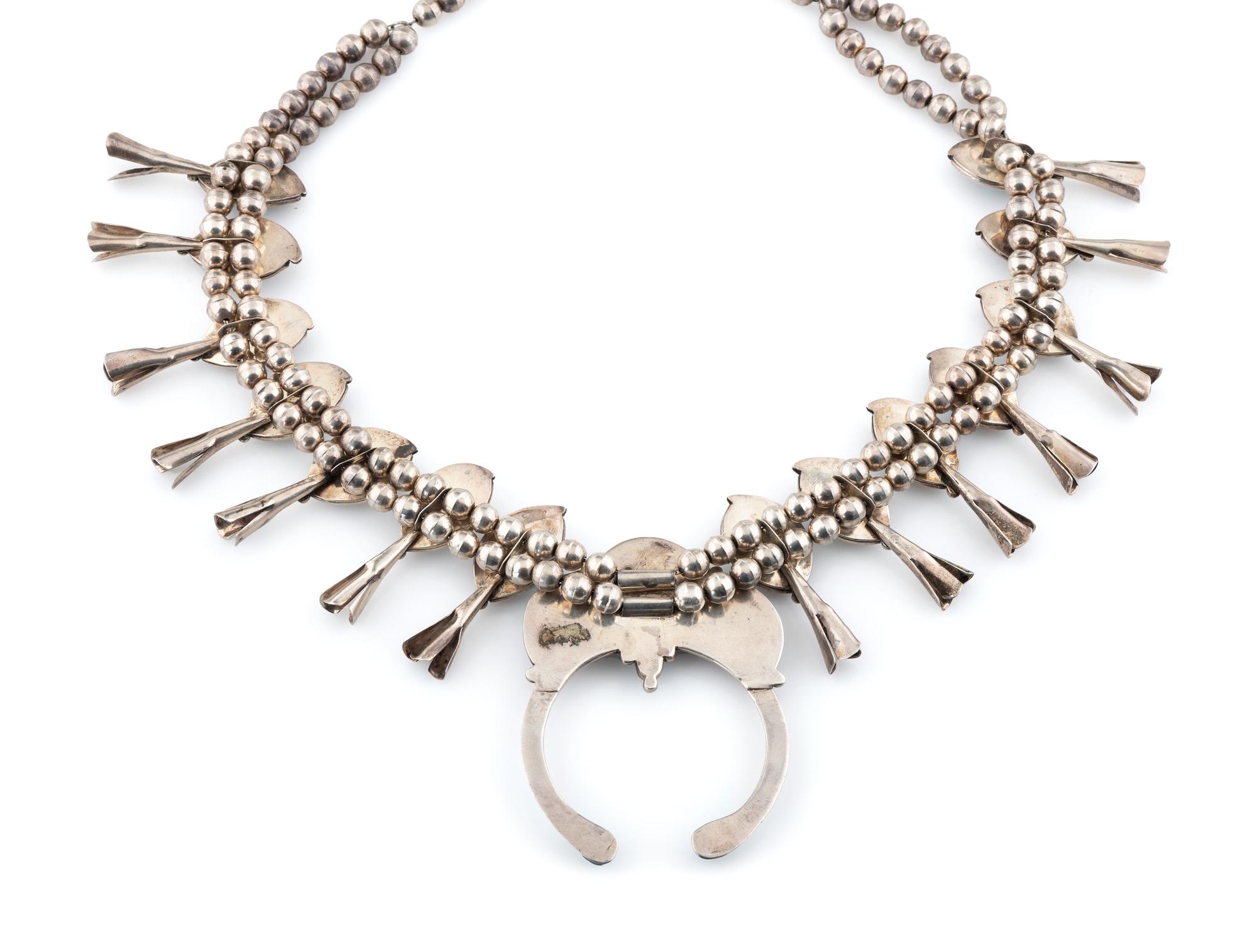 Navajo Silver and Turquoise Squash Blossom Necklace