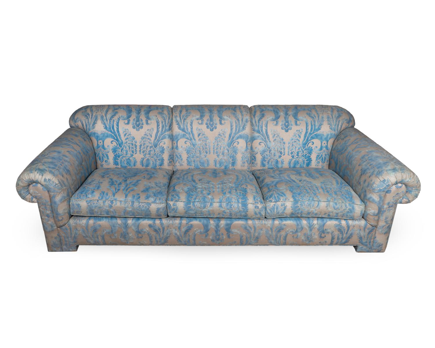A Contemporary Fortuny Cotton Upholstered Three-Seat Sofa — 20TH CENTURY