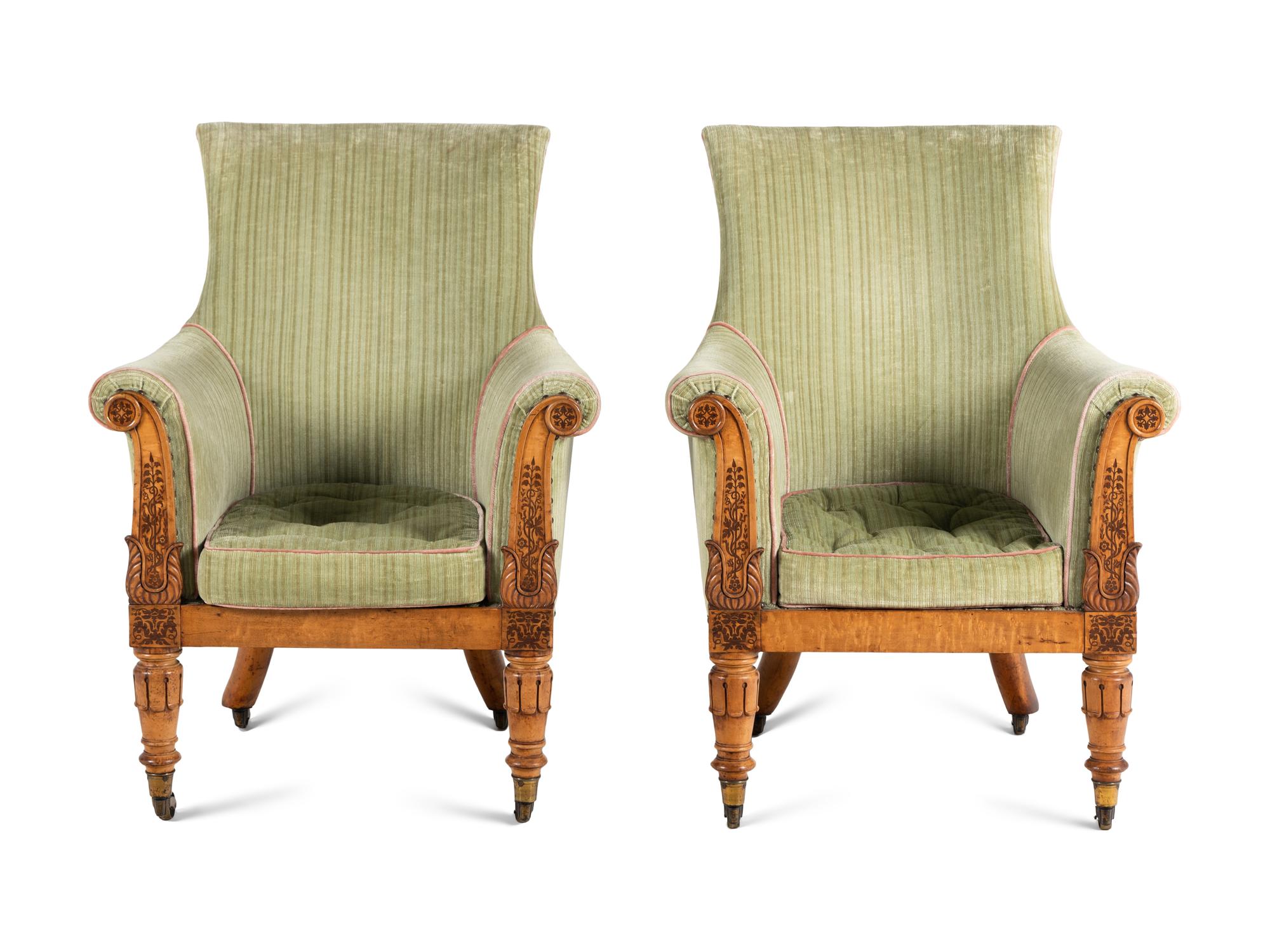 A Pair of Regency Birds-Eye Maple and Marquetry Bergères