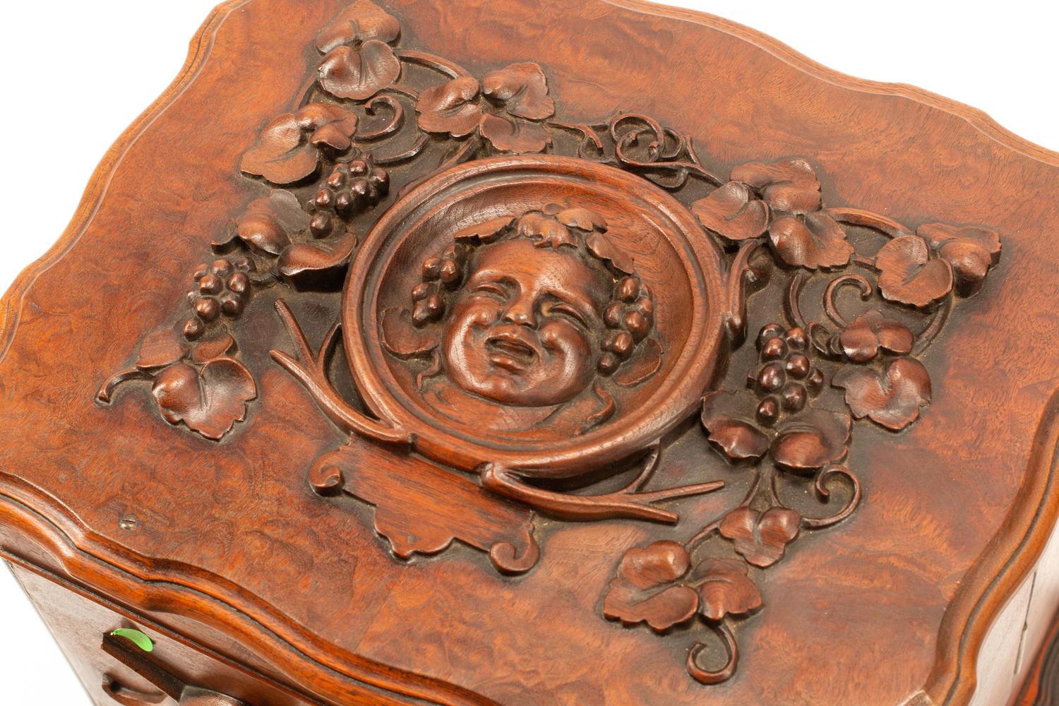 A Swiss Carved Burl Walnut Humidor and Liquor Box
