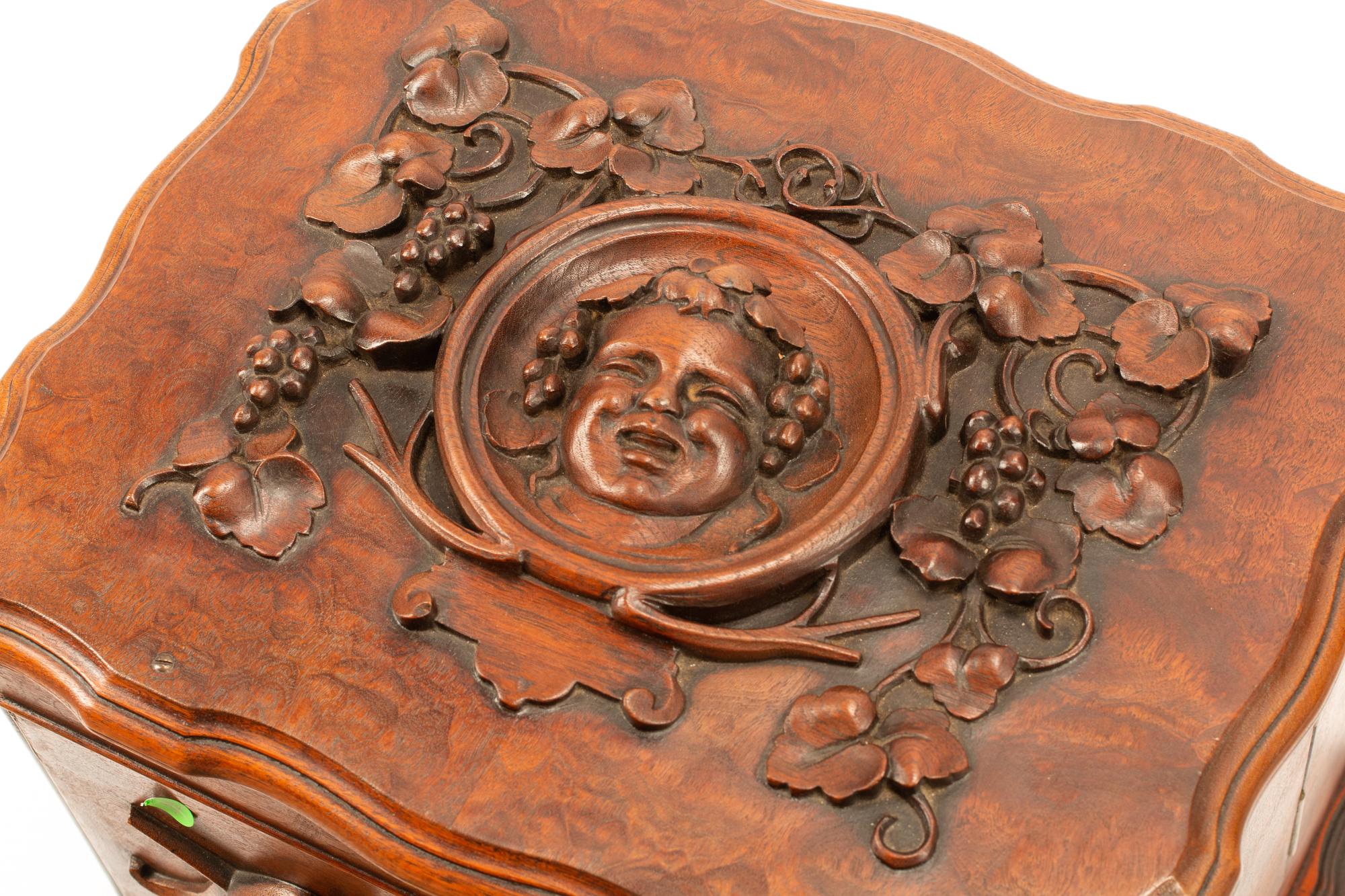 A Swiss Carved Burl Walnut Humidor and Liquor Box
