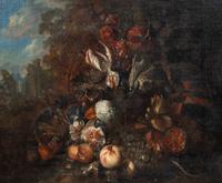 Still Life with Flowers, Fruit and Snake in a Forrest, with Ruins in a Distance