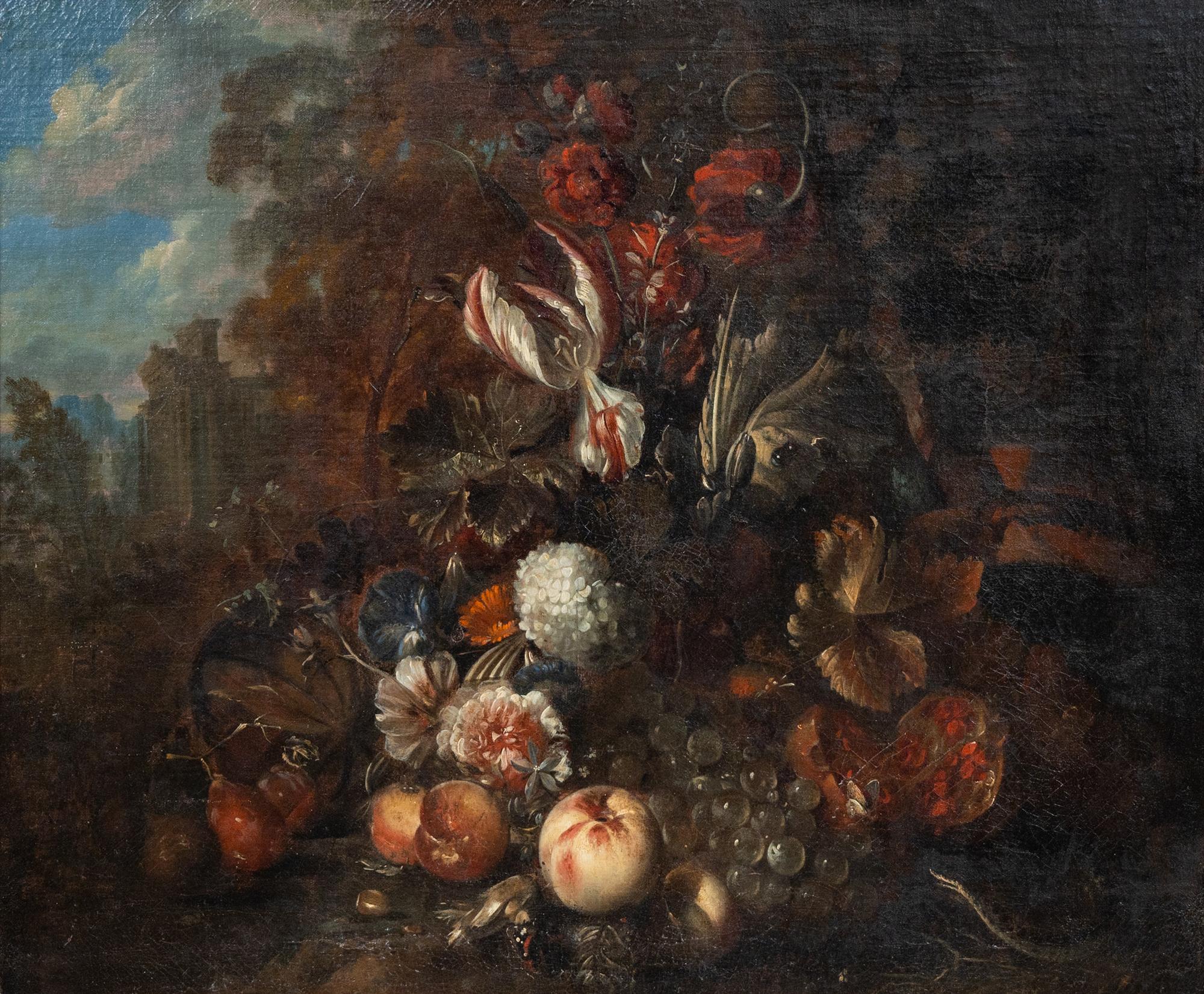 Still Life with Flowers, Fruit and Snake in a Forrest, with Ruins in a Distance