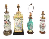 Three Chinese Famille Rose Porcelain Vases and A Chinese Painted Canton Enamel on Copper Vase
