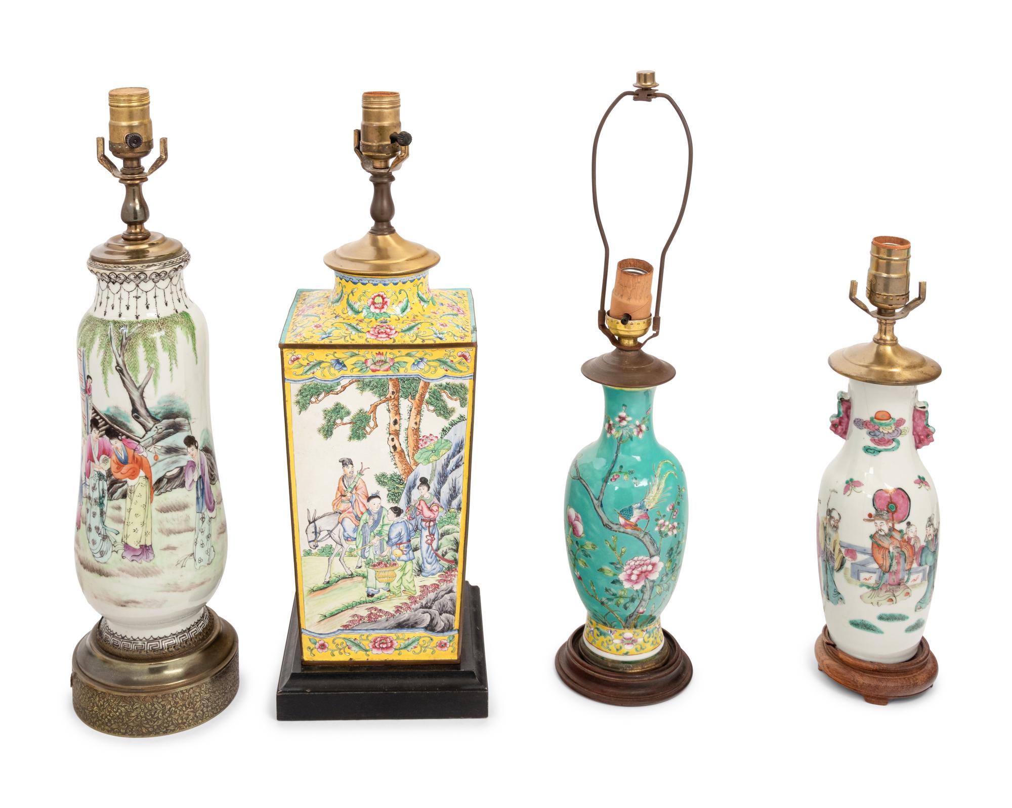 Three Chinese Famille Rose Porcelain Vases and A Chinese Painted Canton Enamel on Copper Vase