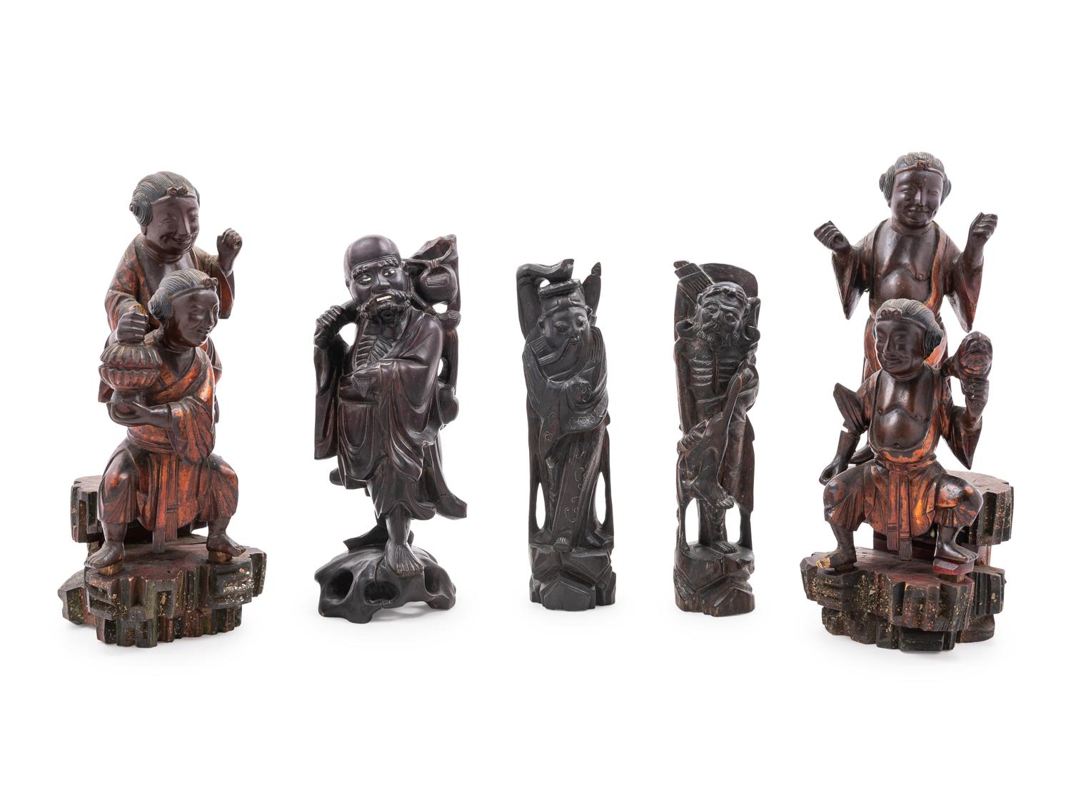 Five Chinese Carved Wood Figures