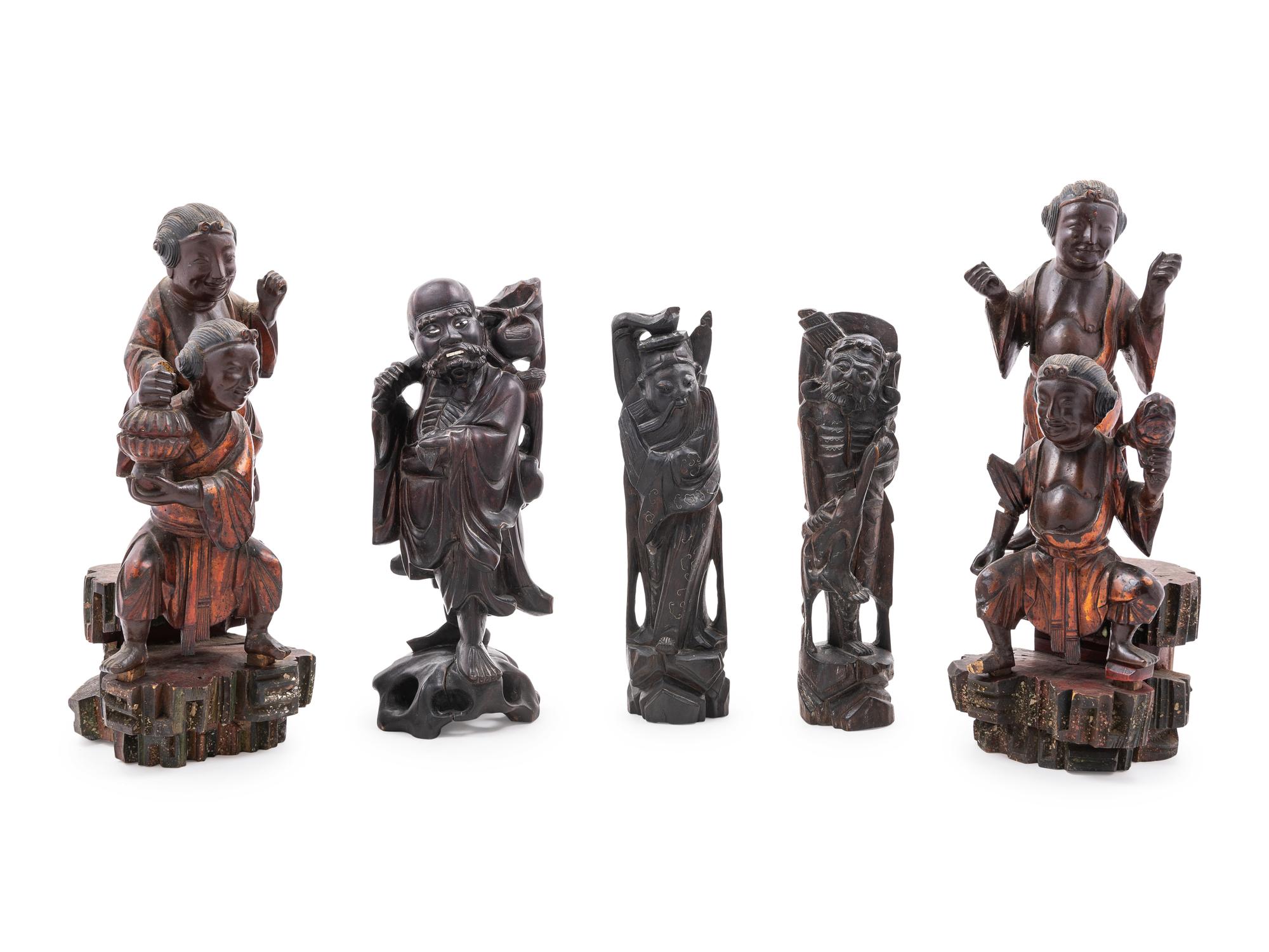 Five Chinese Carved Wood Figures