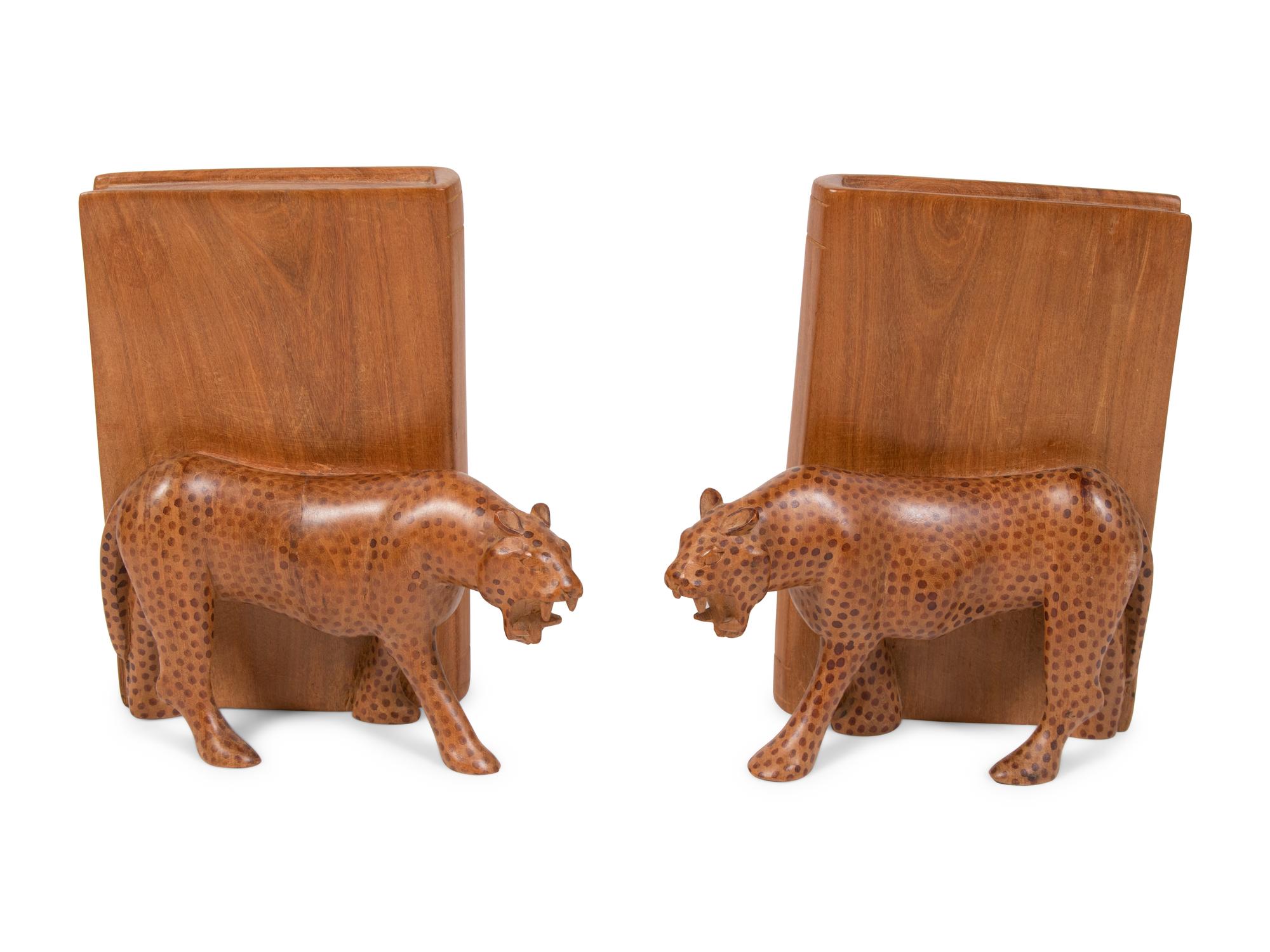 A Pair of Painted Wood Leopard Bookends