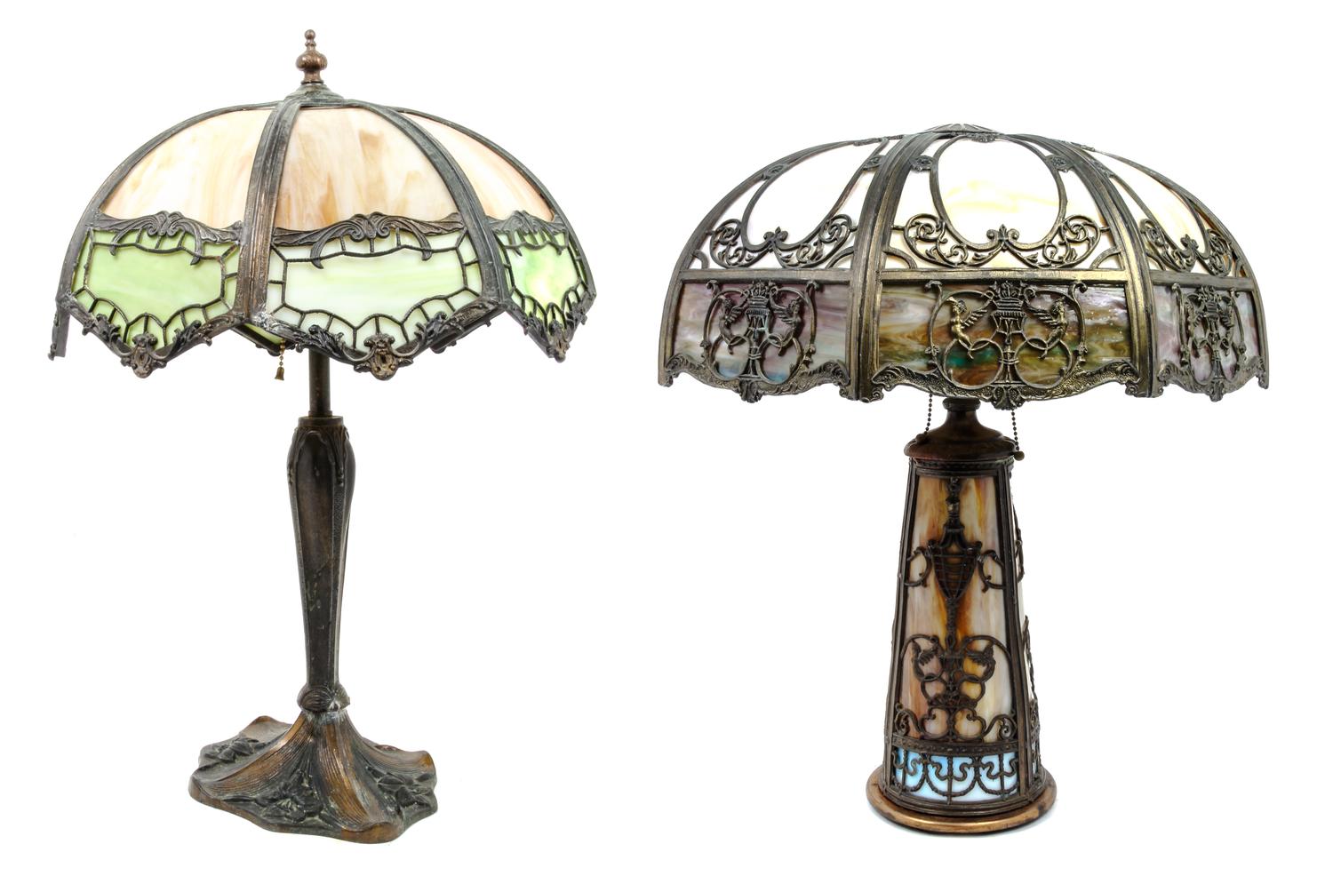 Two American Slag Glass Table Lamps Height of taller base 23 3/4 inches.