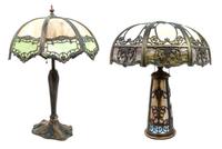 Two American Slag Glass Table Lamps Height of taller base 23 3/4 inches.