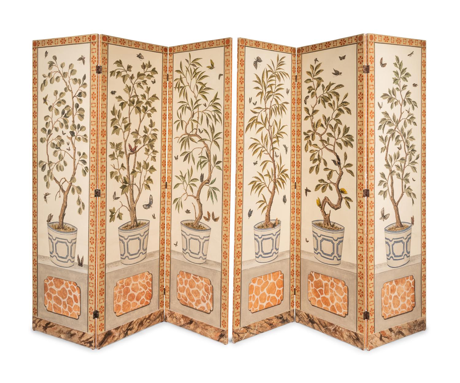 A Pair of Painted Three-Panel Screens