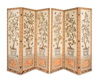 A Pair of Painted Three-Panel Screens