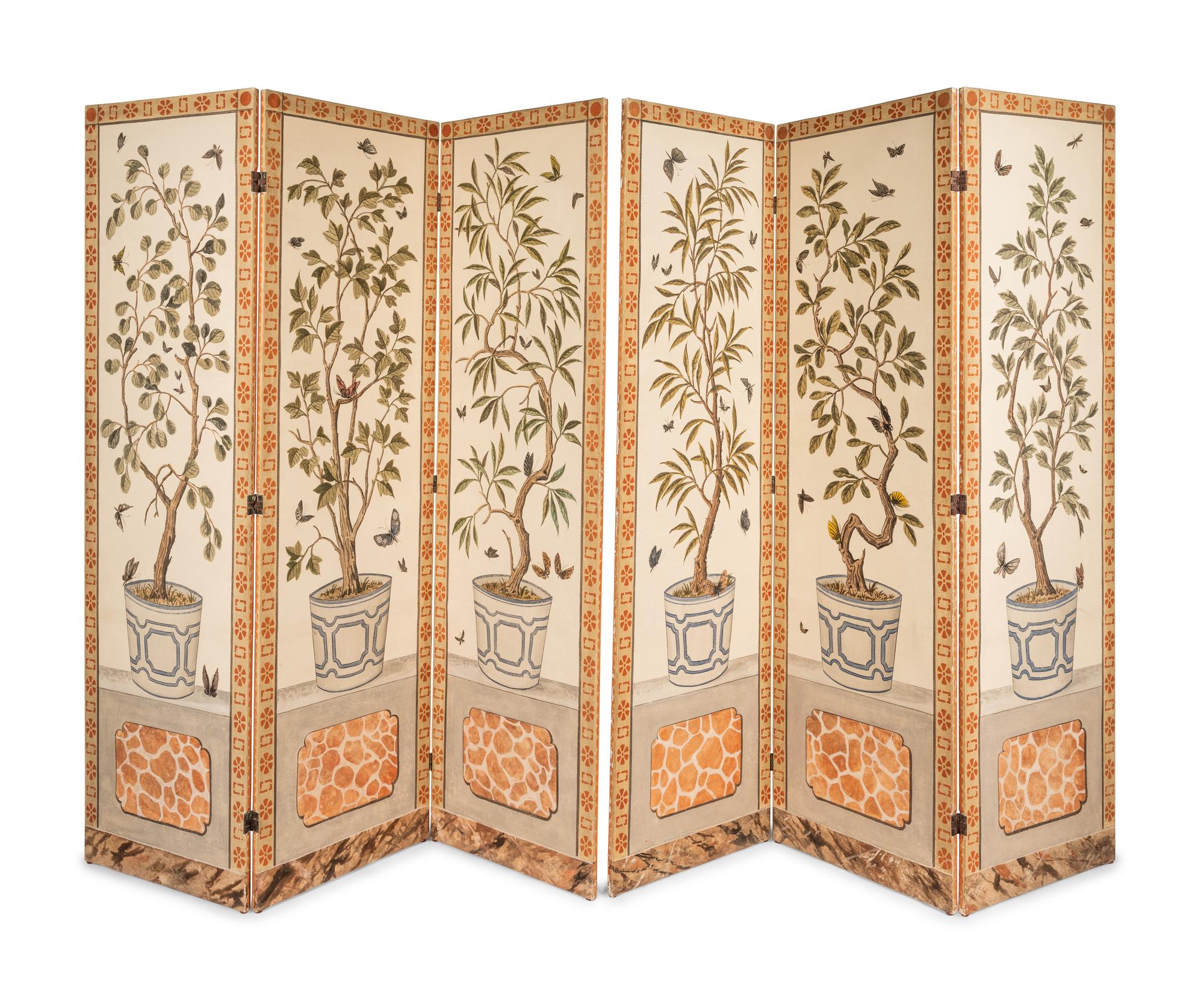A Pair of Painted Three-Panel Screens