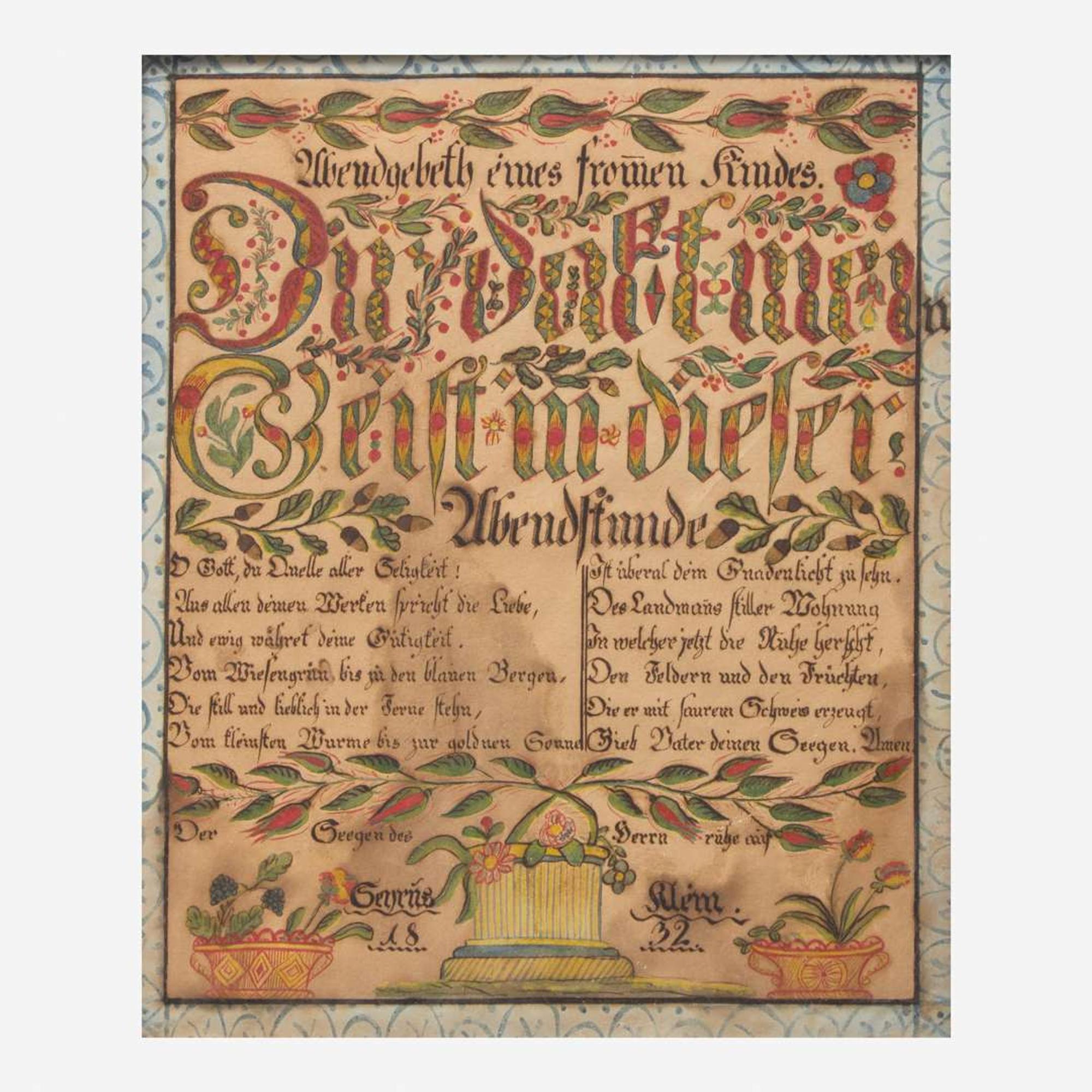After Heinrich Englehardt (active, 1819-1836) A Fraktur: Evening Prayer for Cyrus Klein, dated "1832"