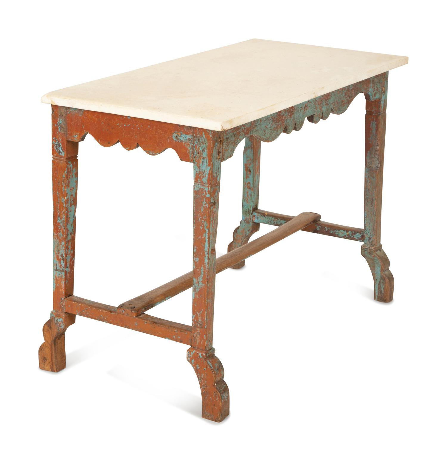 A Swedish Carved and Painted Oak White Marble Top Table — 19th/20th Century