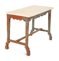 A Swedish Carved and Painted Oak White Marble Top Table — 19th/20th Century