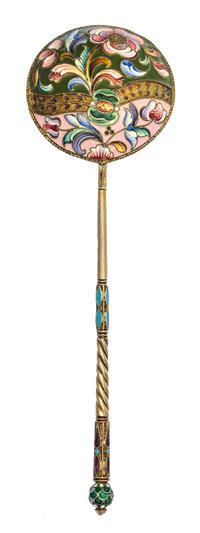 A Russian Silver-Gilt and Enamel Spoon, Mark of Maria Semenova, Moscow, early 20th century, having a green enameled spherical finial, t