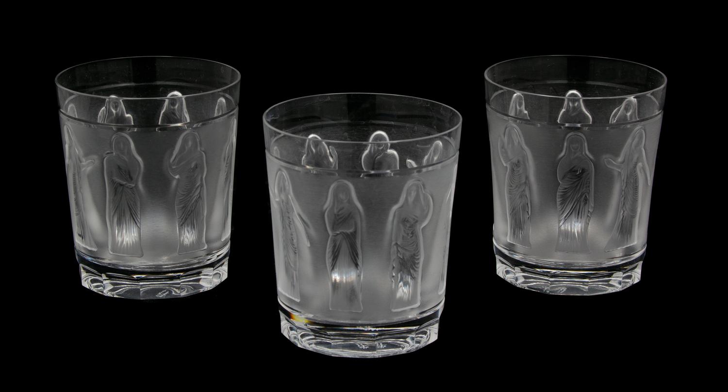 A Set of Ten Lalique Molded and Frosted Glass Whiskey Tumblers Height 4 inches. — 20TH CENTURY