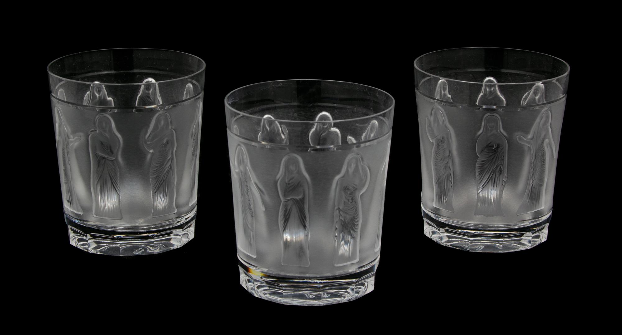 A Set of Ten Lalique Molded and Frosted Glass Whiskey Tumblers Height 4 inches. — 20TH CENTURY