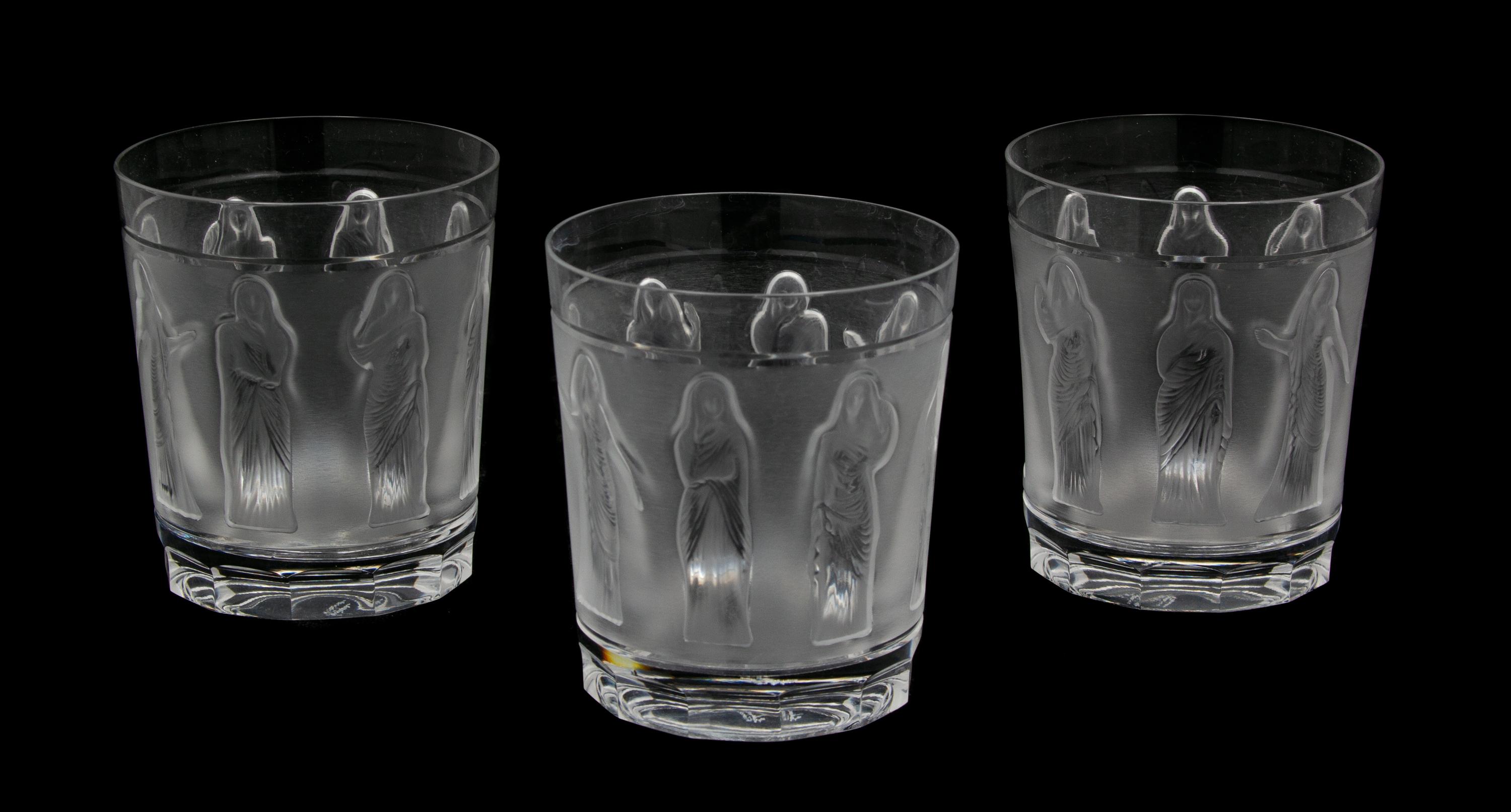 A Set of Ten Lalique Molded and Frosted Glass Whiskey Tumblers Height 4 inches. — 20TH CENTURY