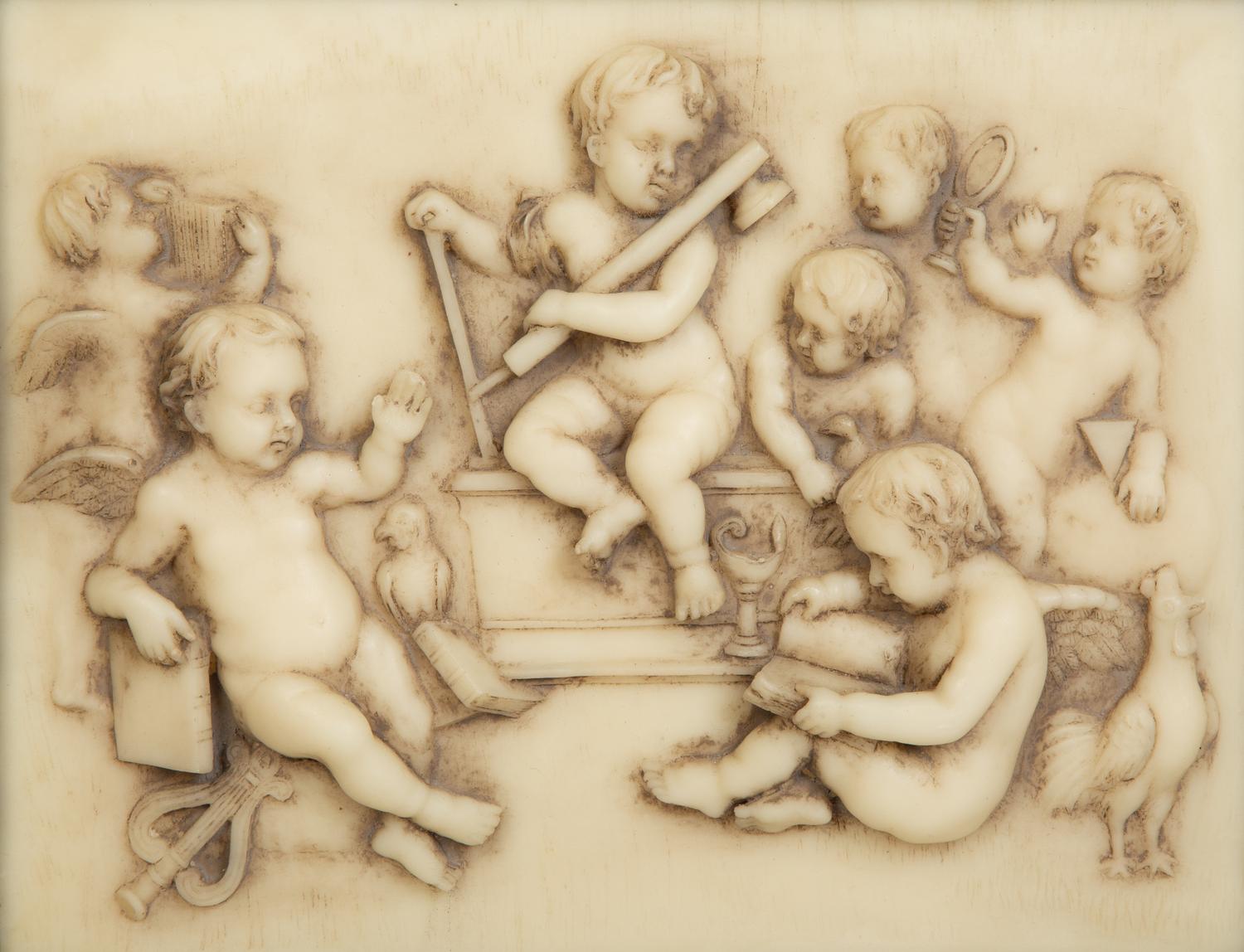 Four Faux Marble Resin Bas Relief Panels of Putti and Classical Figures