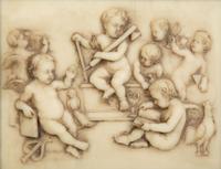 Four Faux Marble Resin Bas Relief Panels of Putti and Classical Figures