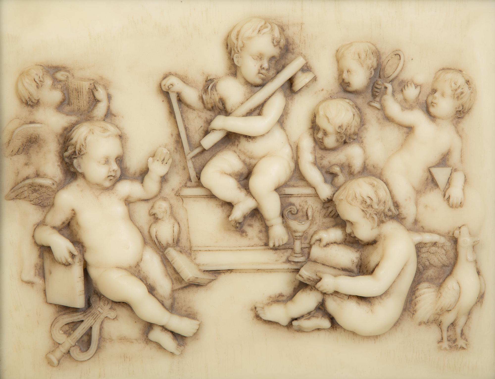 Four Faux Marble Resin Bas Relief Panels of Putti and Classical Figures