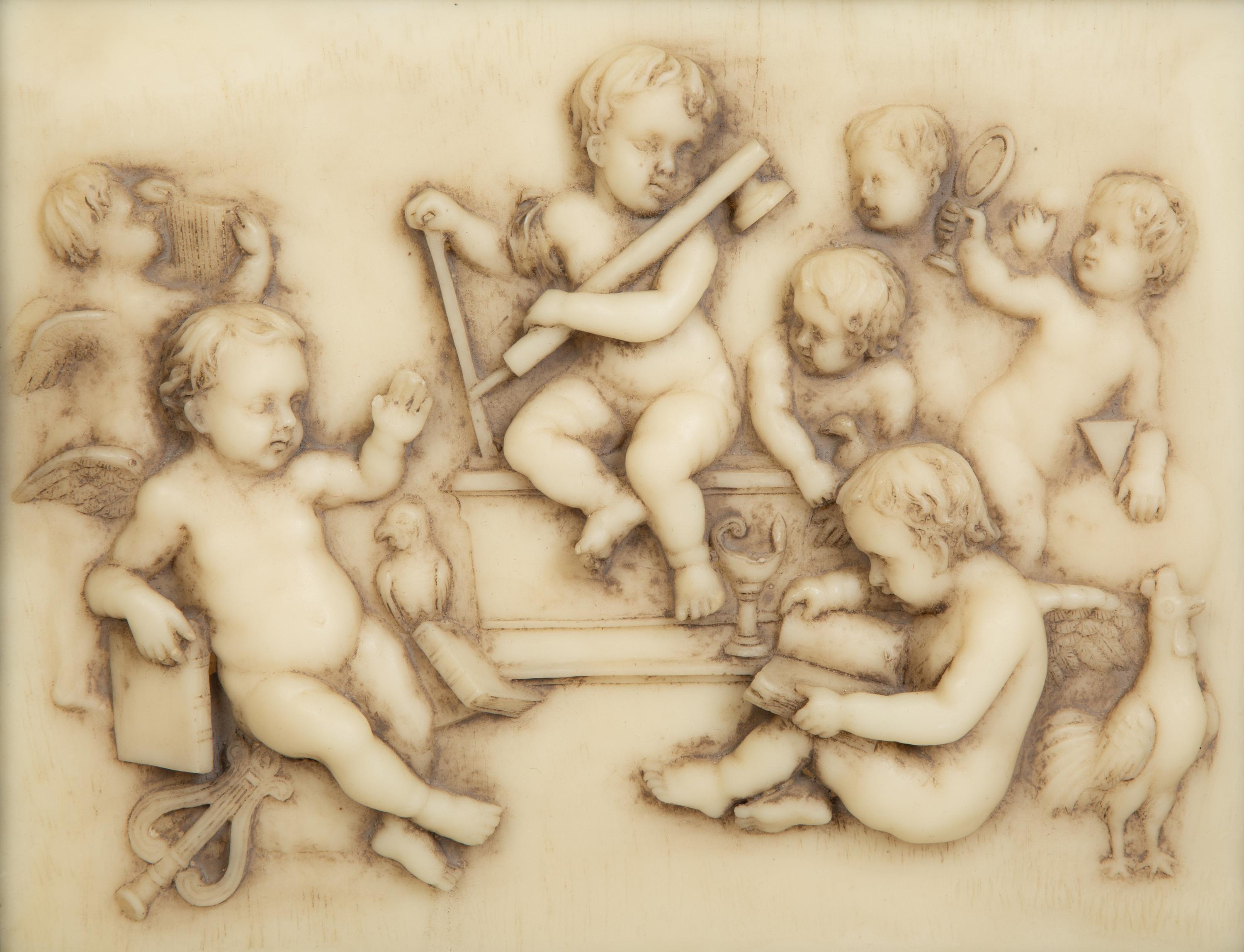 Four Faux Marble Resin Bas Relief Panels of Putti and Classical Figures