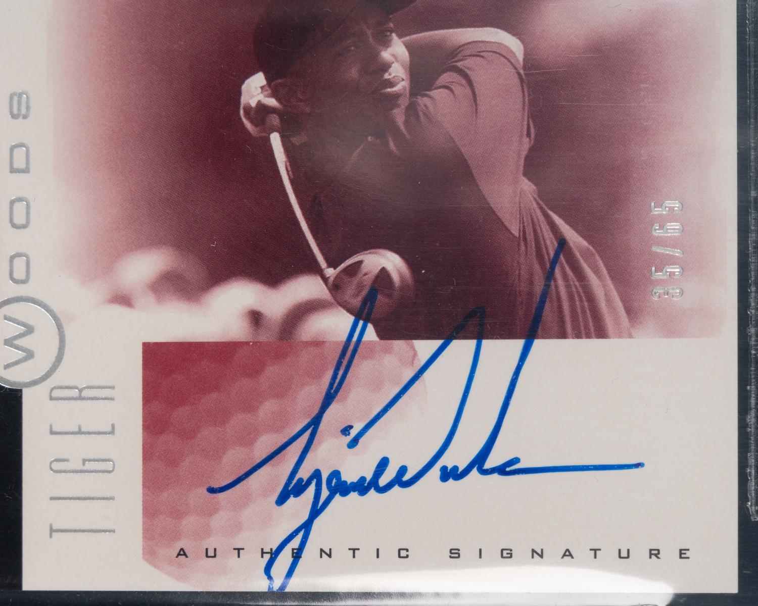 A 2001 SP Authentic Tiger Woods Sign Of The Times Red No. TW7 Signed Autograph Rookie Golf Card Numbered of 65 (BGS 9 MINT / 8 AUTO)