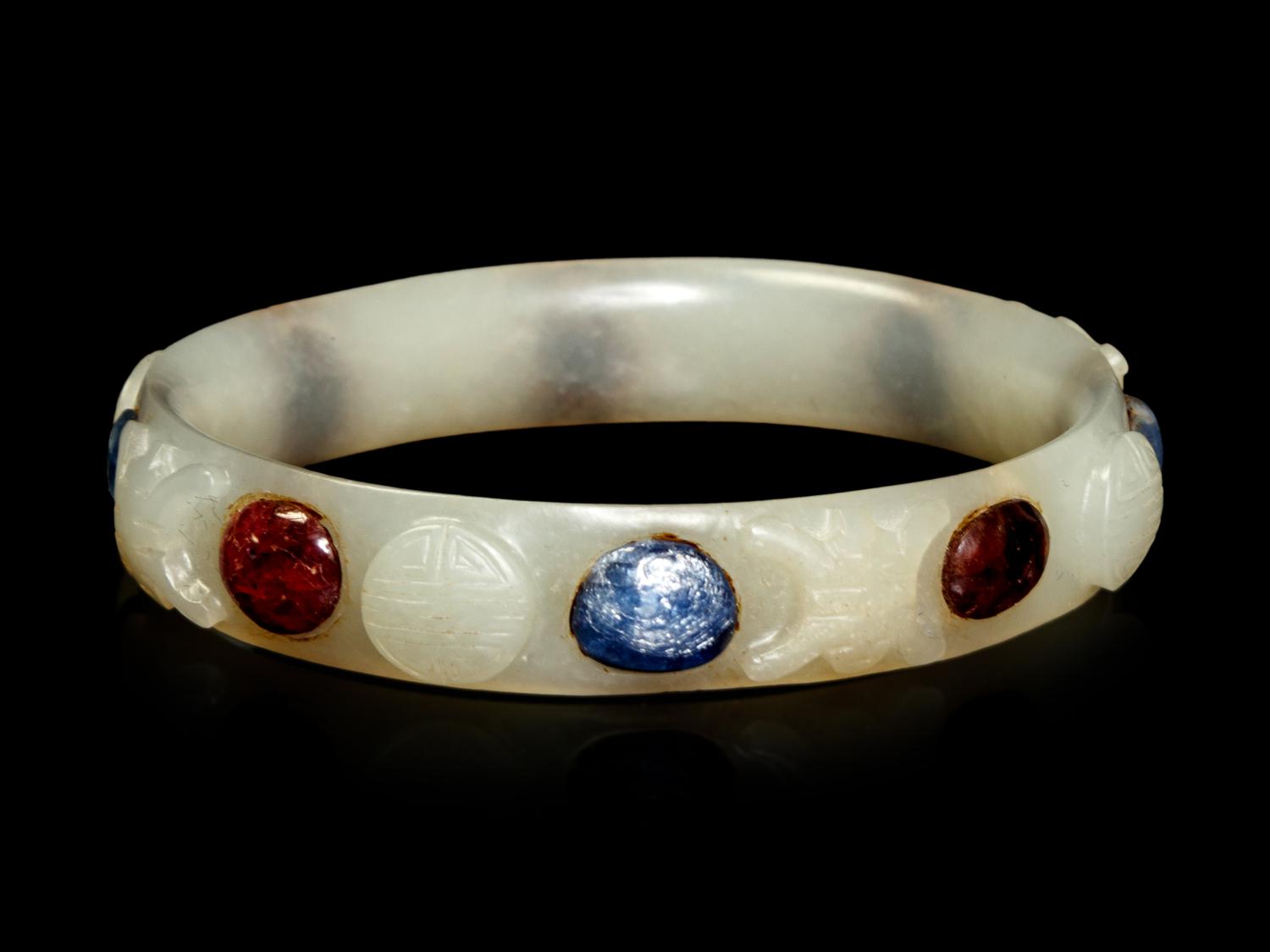 A Hardstone Inset White Jade Bangle